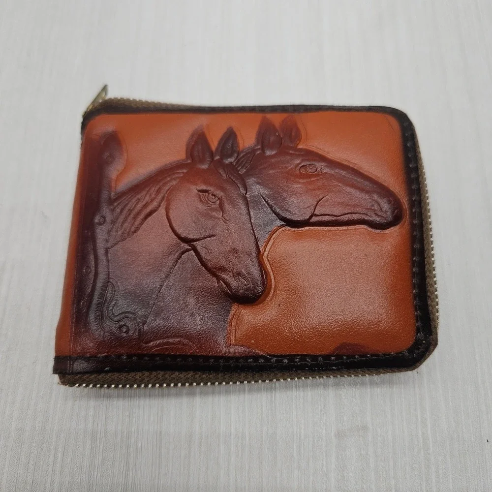 Vintage Hand‎ Tooled Leather Horse Wallet Brown Zip Around Bifold Wallet